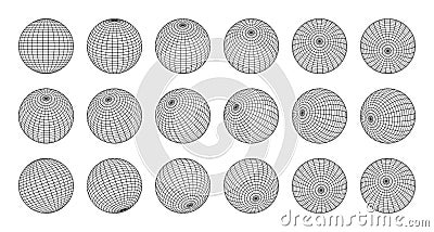 Earth globe made by grid from different sides. Set of 3d globes, grid spheres. Vector Illustration